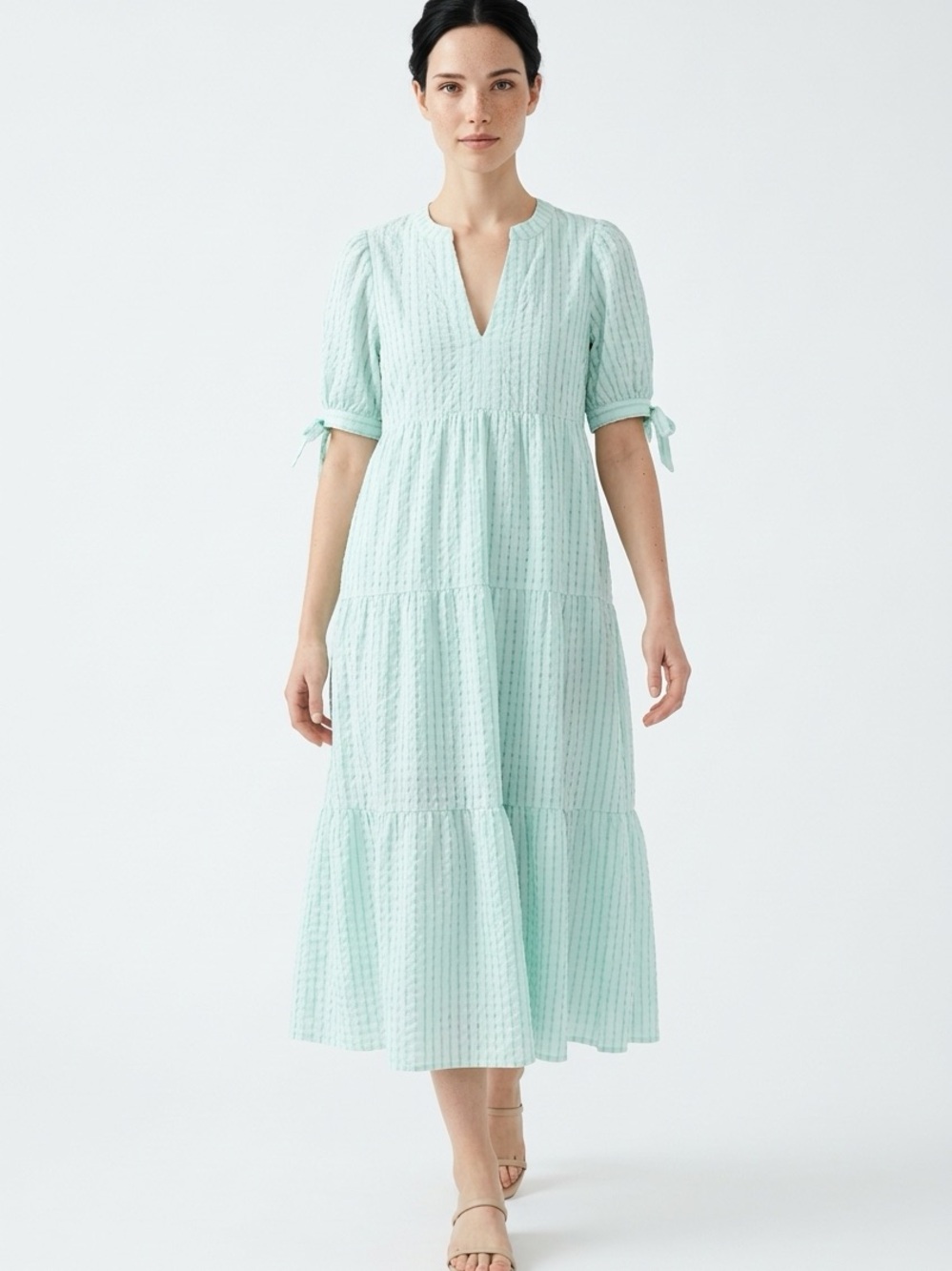 ENGLISH FACTORY | Mint Green Gingham Tiered Midi Dress Tie Sleeves Women’s L